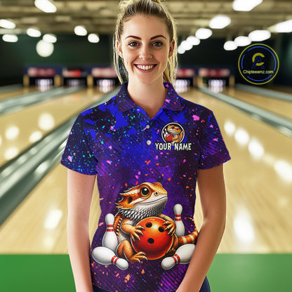 Women’s funny bearded dragon bowling polo shirt, front view on female model in bowling lane 