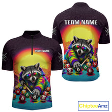 Load image into Gallery viewer, Colorful raccoon-themed cycling jersey with billiards design on a white background