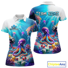 Load image into Gallery viewer, Colorful polo shirt with octopus and pool ball design, personalized with 'Team Name' and 'Your Name'.