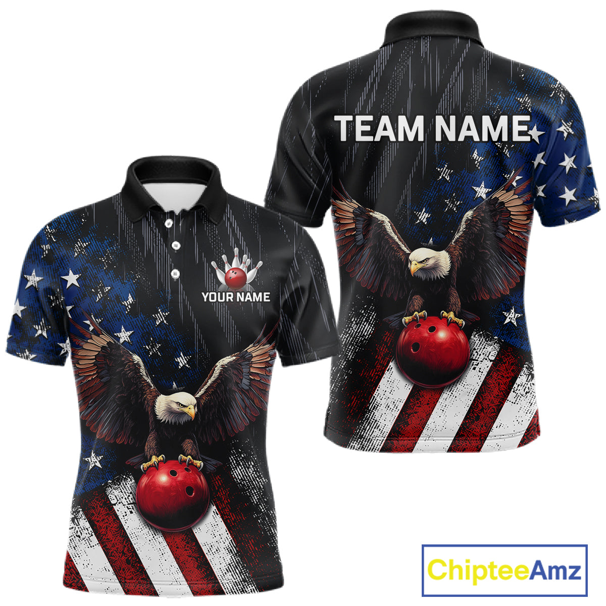 Front and back views of a custom short-sleeve polo shirt featuring a patriotic American flag design with a bald eagle, red bowling balls, and white stars on a dark background. The front shows placeholder text 'YOUR NAME' and 'TEAM NAME' on the back.