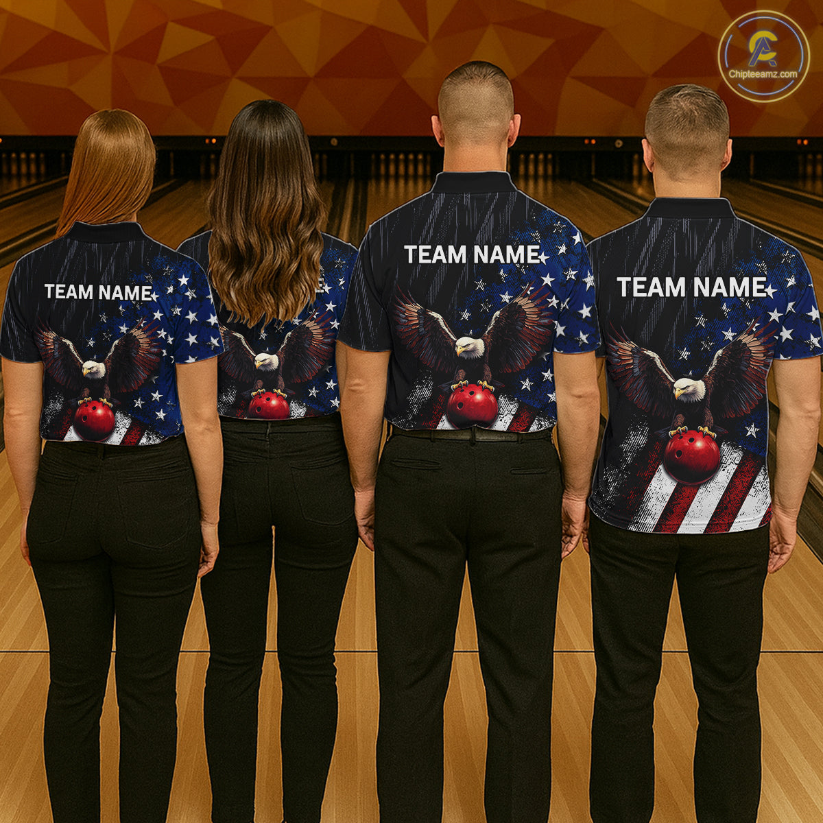 Four people standing from the back in a bowling alley, wearing matching dark navy short-sleeve bowling shirts with a patriotic eagle and red bowling ball graphic on the back, plus white 'TEAM NAME' text. A circular 'CustomShirt.