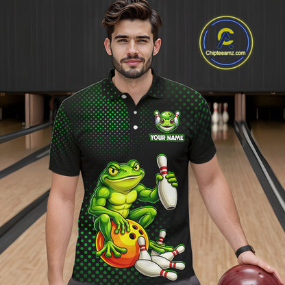 Custom Funny Frog Bowling Jersey for Men Bowling Team Shirts Bowling League Polo & 1/4 Zip HNT246