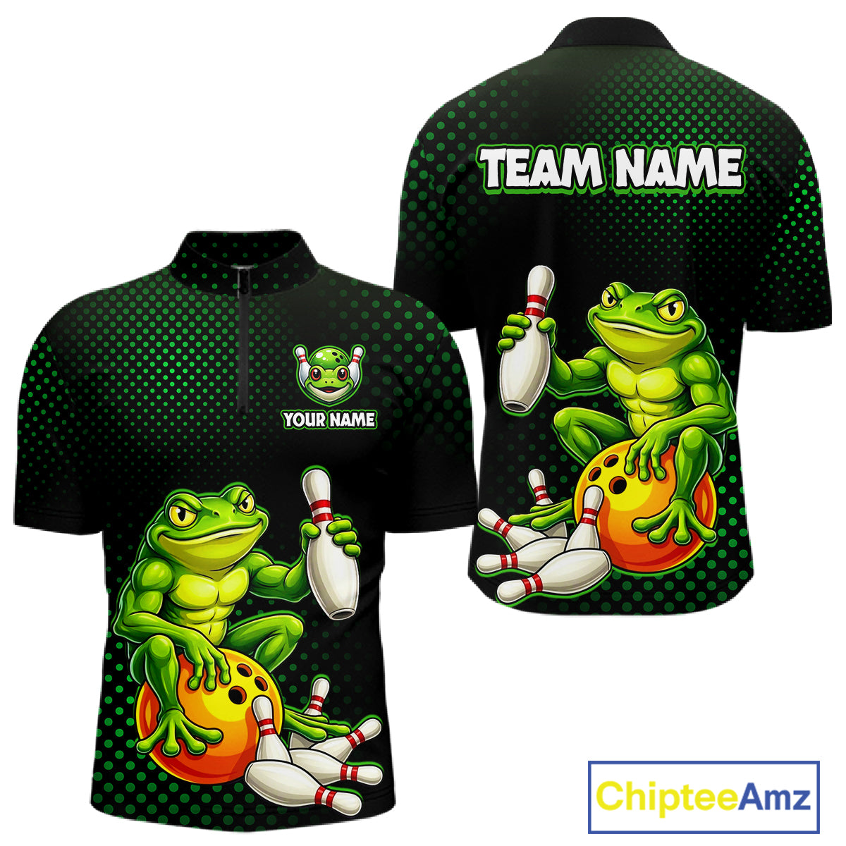 Custom Funny Frog Bowling Jersey for Men Bowling Team Shirts Bowling League Polo & 1/4 Zip HNT246