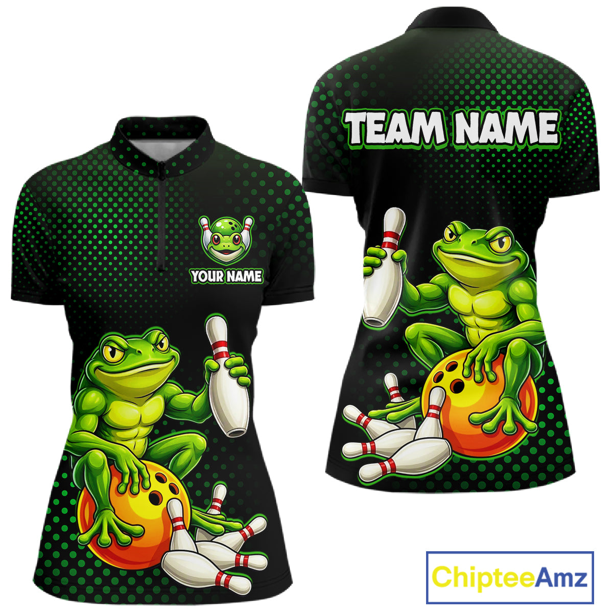 Custom Funny Frog Bowling Jersey for Women Bowling Team Shirts Bowling League Polo & 1/4 Zip HNT246