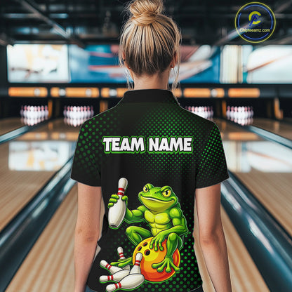 Custom Funny Frog Bowling Jersey for Women Bowling Team Shirts Bowling League Polo & 1/4 Zip HNT246
