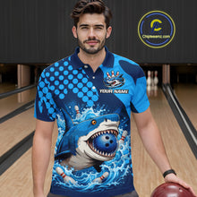 Load image into Gallery viewer, Man wearing a blue bowling shirt with a shark design in a bowling alley.
