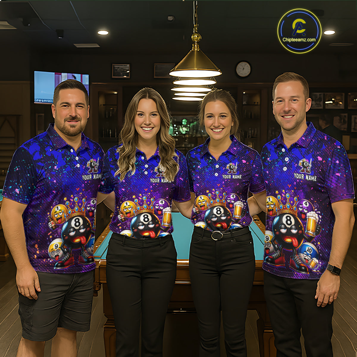 Four people standing together in a bar or pool hall wearing matching purple and blue graphic polo shirts with cartoon billiards-themed prints, black pants, and standing behind a pool table.