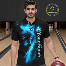 Load image into Gallery viewer, Custom Blue Flame Wolf Bowling Jersey for Men Polo &amp; 1/4 Zip Bowling Team Shirts HNT148