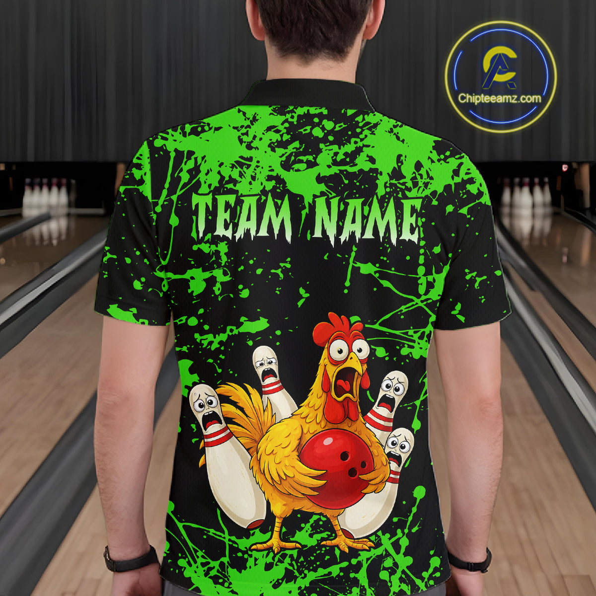 Custom Green Funny Chicken Bowling Jersey for Men Bowling Uniform Bowling Team Shirts HNT282