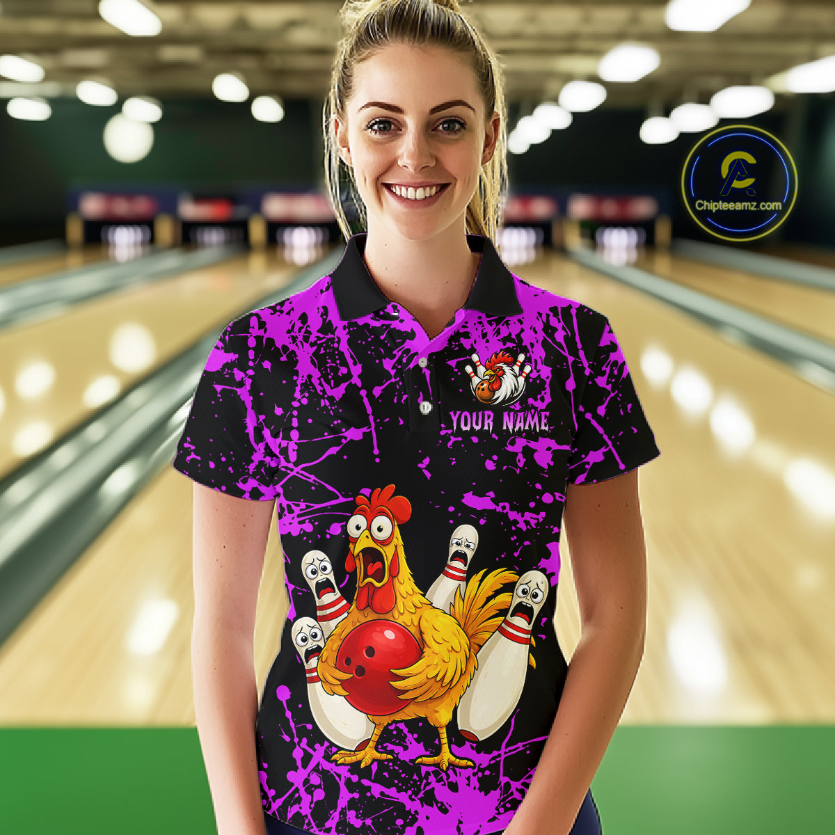 Custom Purple Funny Chicken Bowling Jersey for Women Bowling Uniform Bowling Team Shirts HNT282