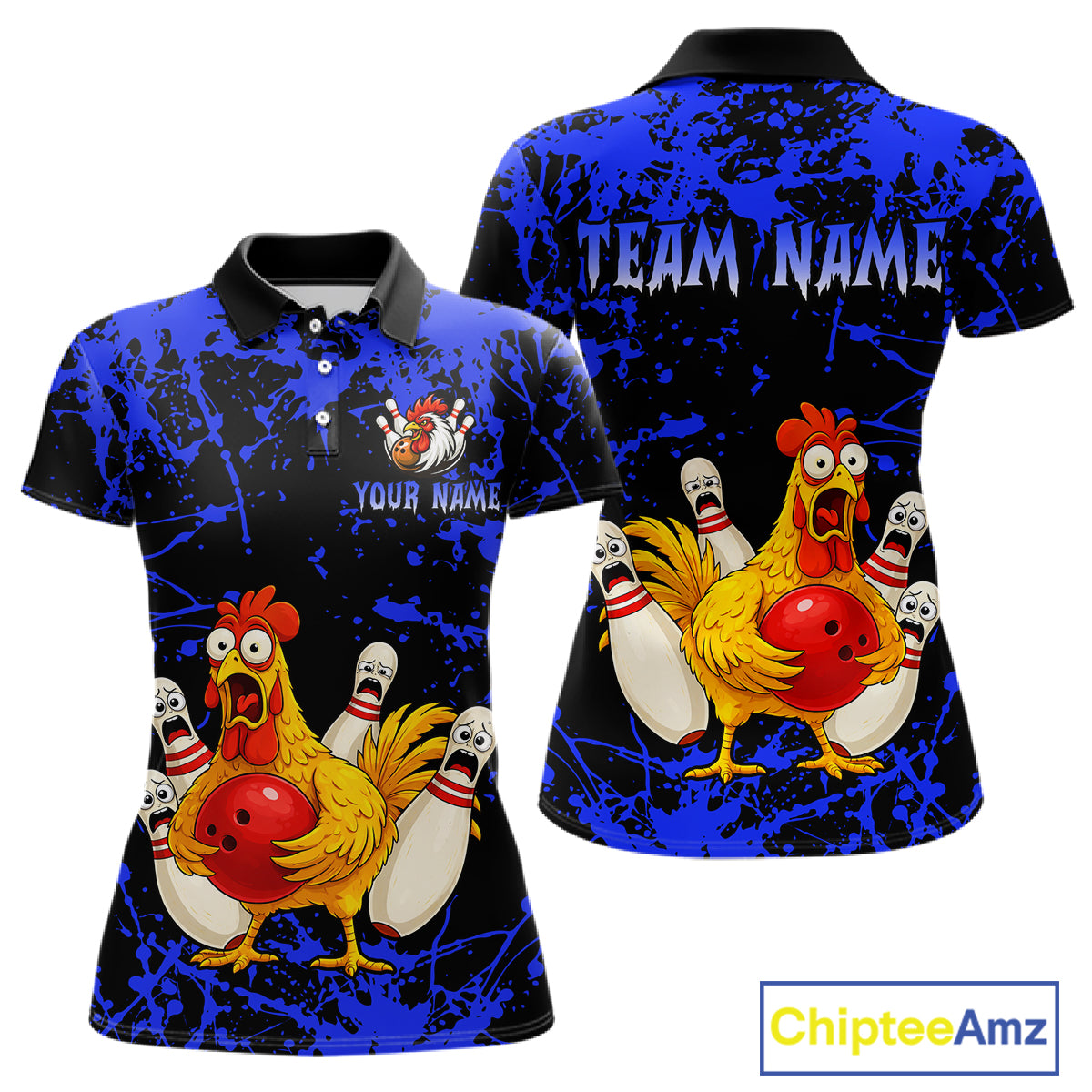 Custom Blue Funny Chicken Bowling Jersey for Women Bowling Uniform Bowling Team Shirts HNT282