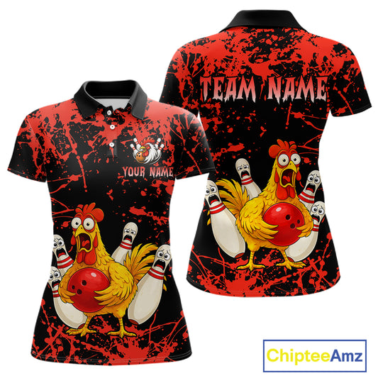 Custom Red Funny Chicken Bowling Jersey for Women Bowling Uniform Bowling Team Shirts HNT282