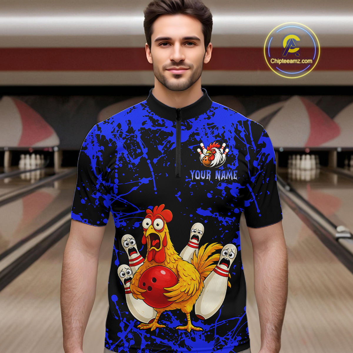 Custom Blue Funny Chicken Bowling Jersey for Men Bowling Uniform Bowling Team Shirts HNT282