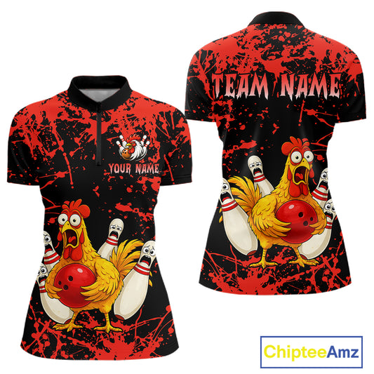 Custom Red Funny Chicken Bowling Jersey for Women Bowling Uniform Bowling Team Shirts HNT282