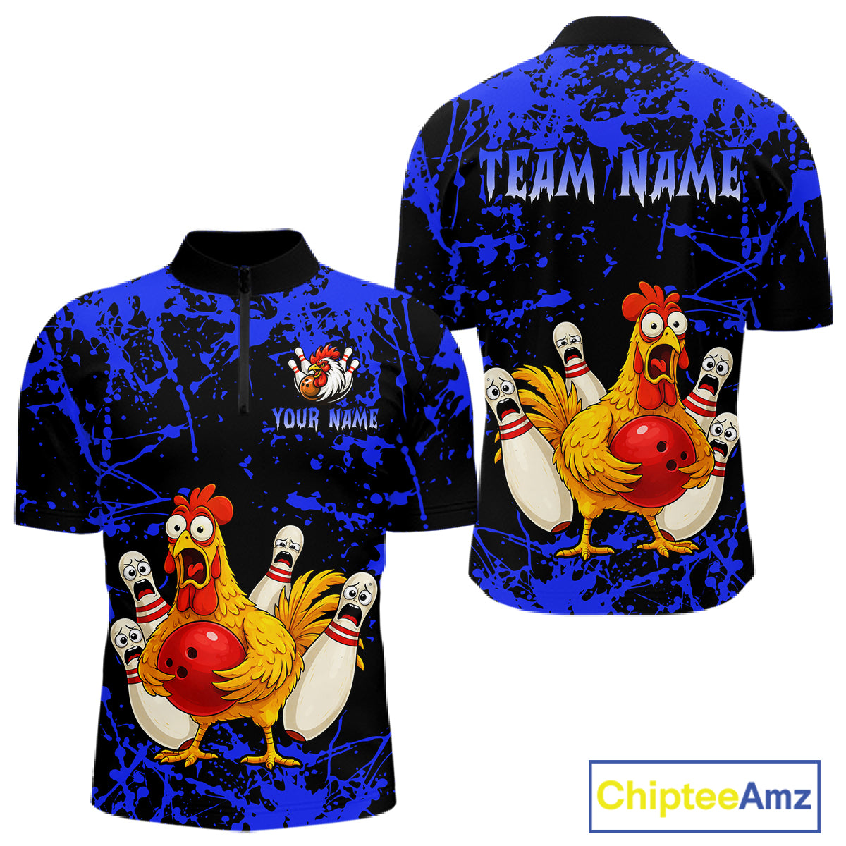 Custom Blue Funny Chicken Bowling Jersey for Men Bowling Uniform Bowling Team Shirts HNT282