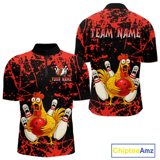 Custom Red Funny Chicken Bowling Jersey for Men Bowling Uniform Bowling Team Shirts HNT282