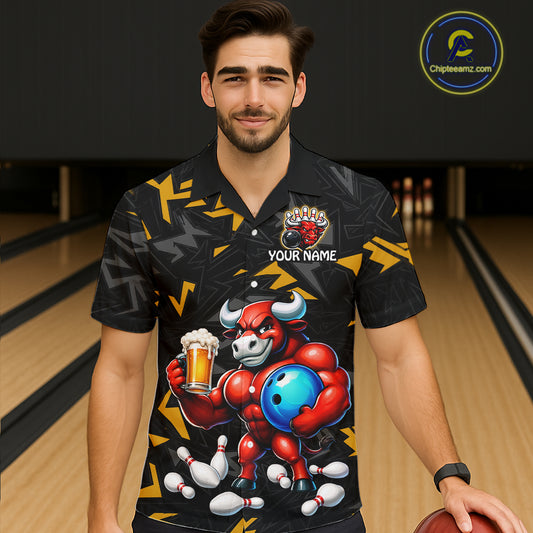 Custom Yellow Beer Bull Hawaiian Bowling Jersey Bowling Team Shirts Bowling Uniform HNT329
