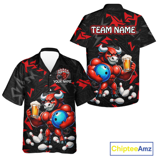 Custom Red Beer Bull Hawaiian Bowling Jersey Bowling Team Shirts Bowling Uniform HNT329