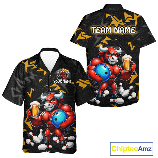 Custom Yellow Beer Bull Hawaiian Bowling Jersey Bowling Team Shirts Bowling Uniform HNT329