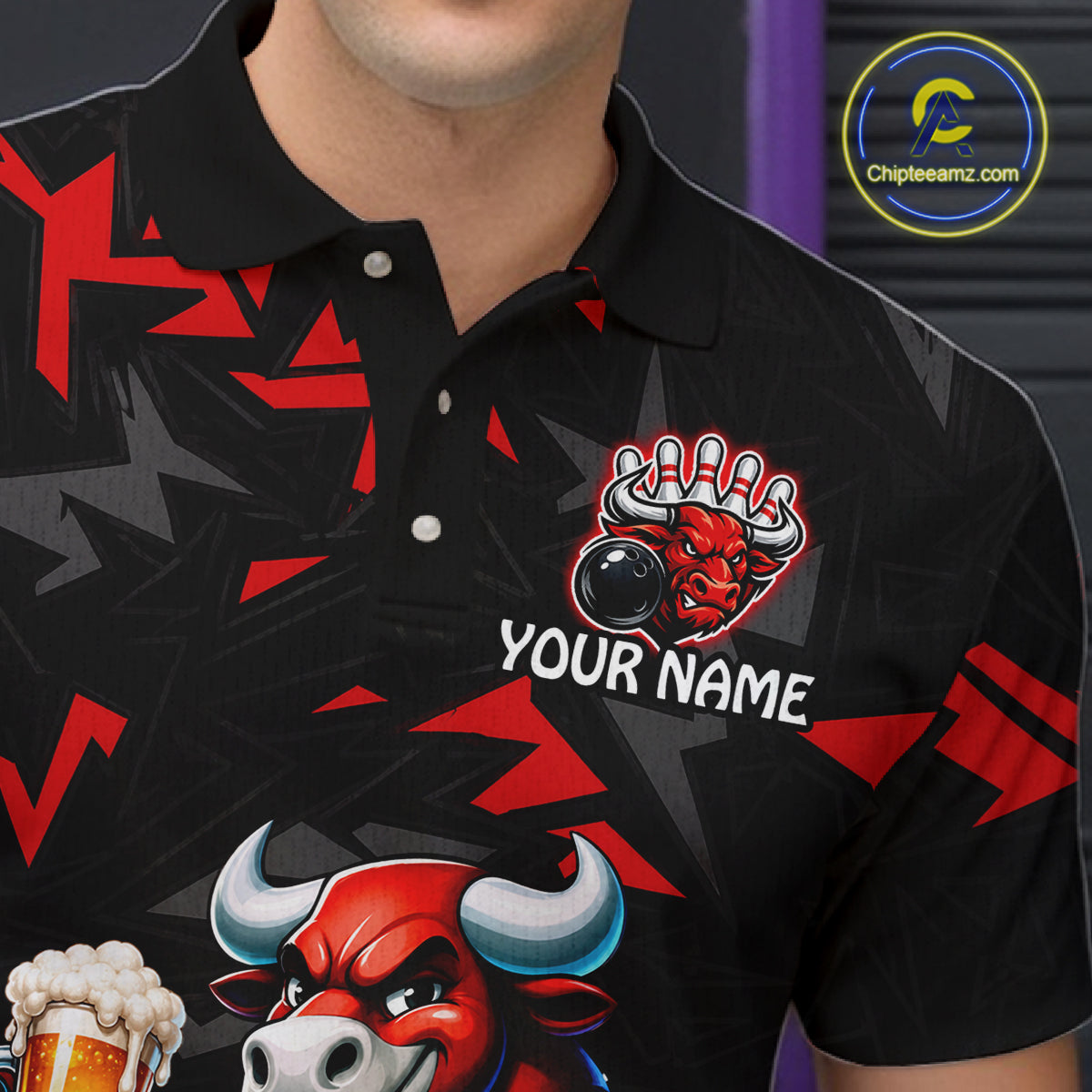 Men’s red beer bull bowling polo shirt with custom name, angled front view showing custom team design 
