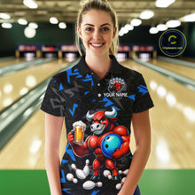 Load image into Gallery viewer, Women’s blue beer bull bowling quarter zip shirt, front view on female model in bowling lane 