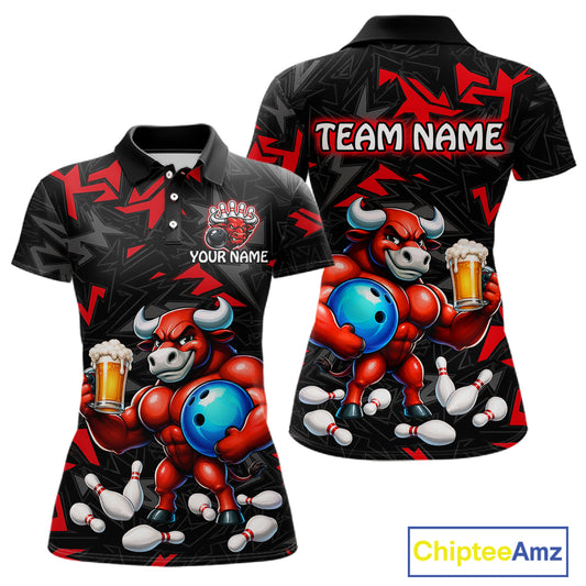 Custom red beer bull bowling jersey for women, personalized team bowling polo shirt front view and back view