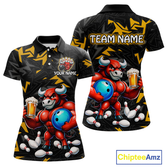 Custom yellow beer bull bowling jersey for women, personalized team bowling polo shirt front view and back view