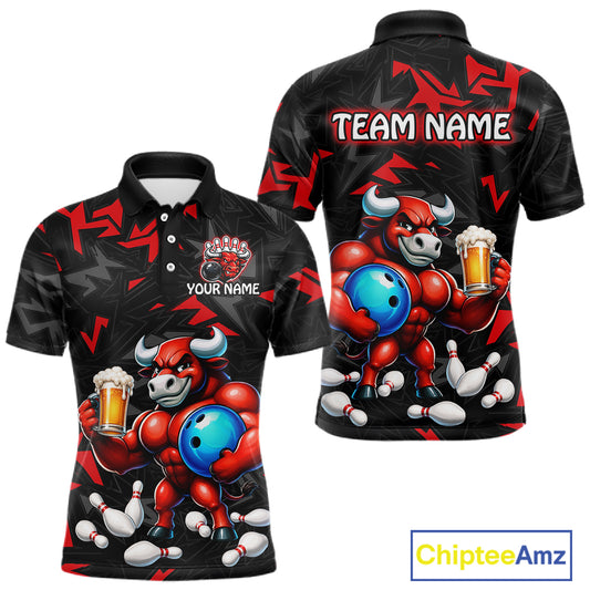 Custom red beer bull bowling jersey for men, personalized team bowling polo shirt front view and back view