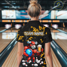 Load image into Gallery viewer, Women’s yellow beer bull bowling quarter zip shirt, back view on female model in bowling lane 