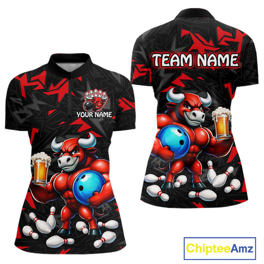Custom red beer bull bowling jersey for women, personalized team bowling quarter zip shirt front view and back view