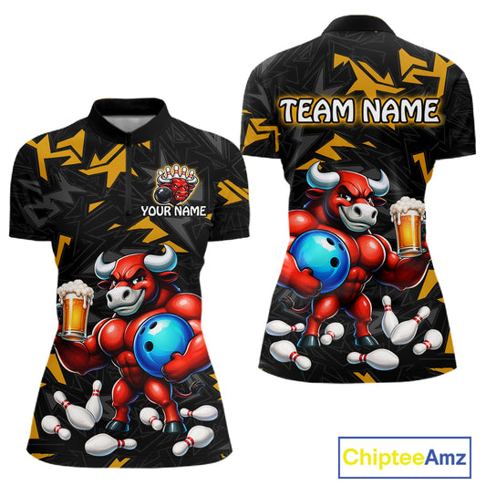Custom yellow beer bull bowling jersey for women, personalized team bowling quarter zip shirt front view and back view