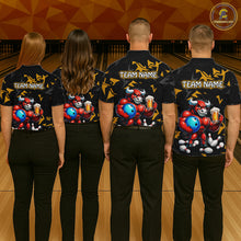 Load image into Gallery viewer, Group of bowlers in yellow beer bull team shirts, personalized bowling uniforms back view.