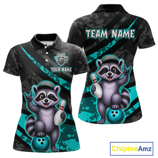Two polo shirts with raccoon graphics and customizable text on a white background