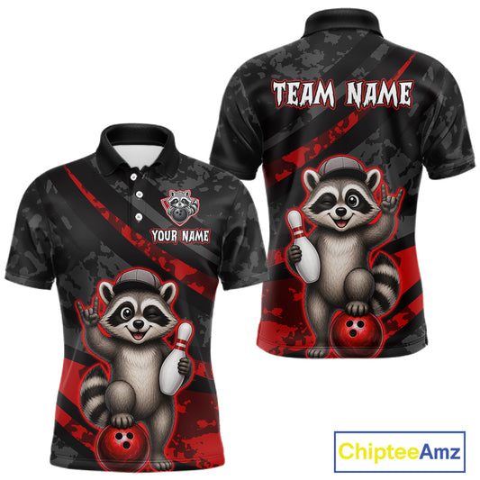 Black and red polo shirt with raccoon design and customizable text on a white background