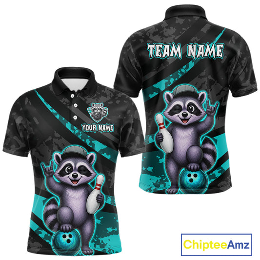 Black and teal bowling-themed polo shirt with raccoon design and customizable text on a white background.