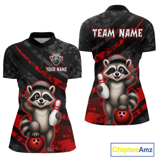 Bowling-themed shirts with raccoon design and customizable text on a white background