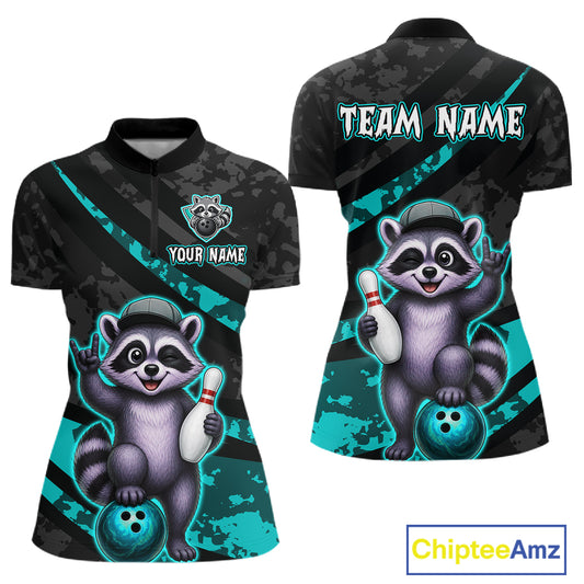 Bowling shirt with raccoon design and customizable text on a white background