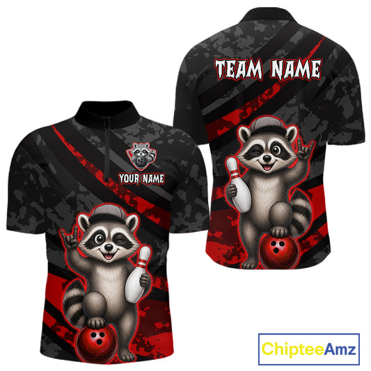 Bowling-themed shirt with raccoon design and customizable text on a white background