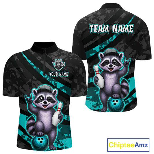 Bowling jersey with raccoon design and customizable text on a black and teal background