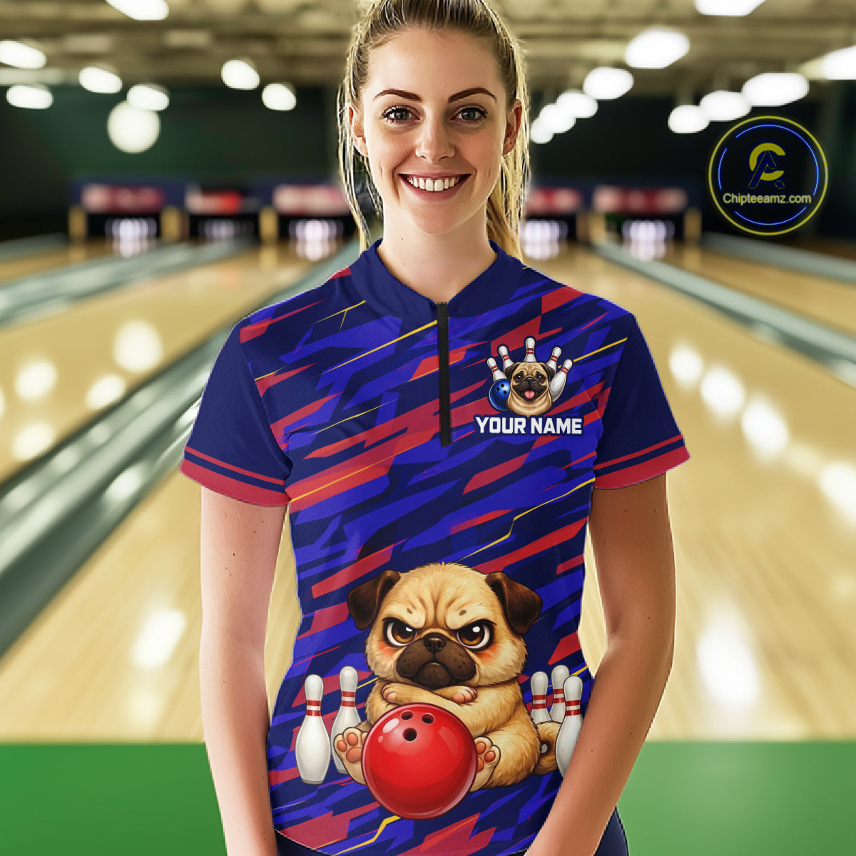 Custom Funny Dog Bowling Jersey for Women Bowling Uniform Polo &1/4 Zip Bowling Team Shirts HNT249