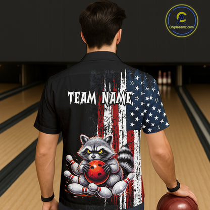 Custom Black US Flag Raccoon Hawaiian Bowling Jersey Bowling Team Shirts Bowling Uniform HNT334