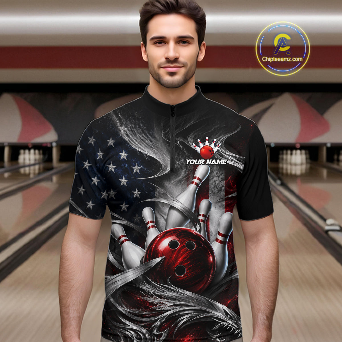 A man wearing a black short-sleeve quarter-zip cycling jersey with a bowling-themed graphic print featuring bowling pins, bowling balls, and an American flag design. The jersey has a placeholder text 'YOUR NAME' on the chest.