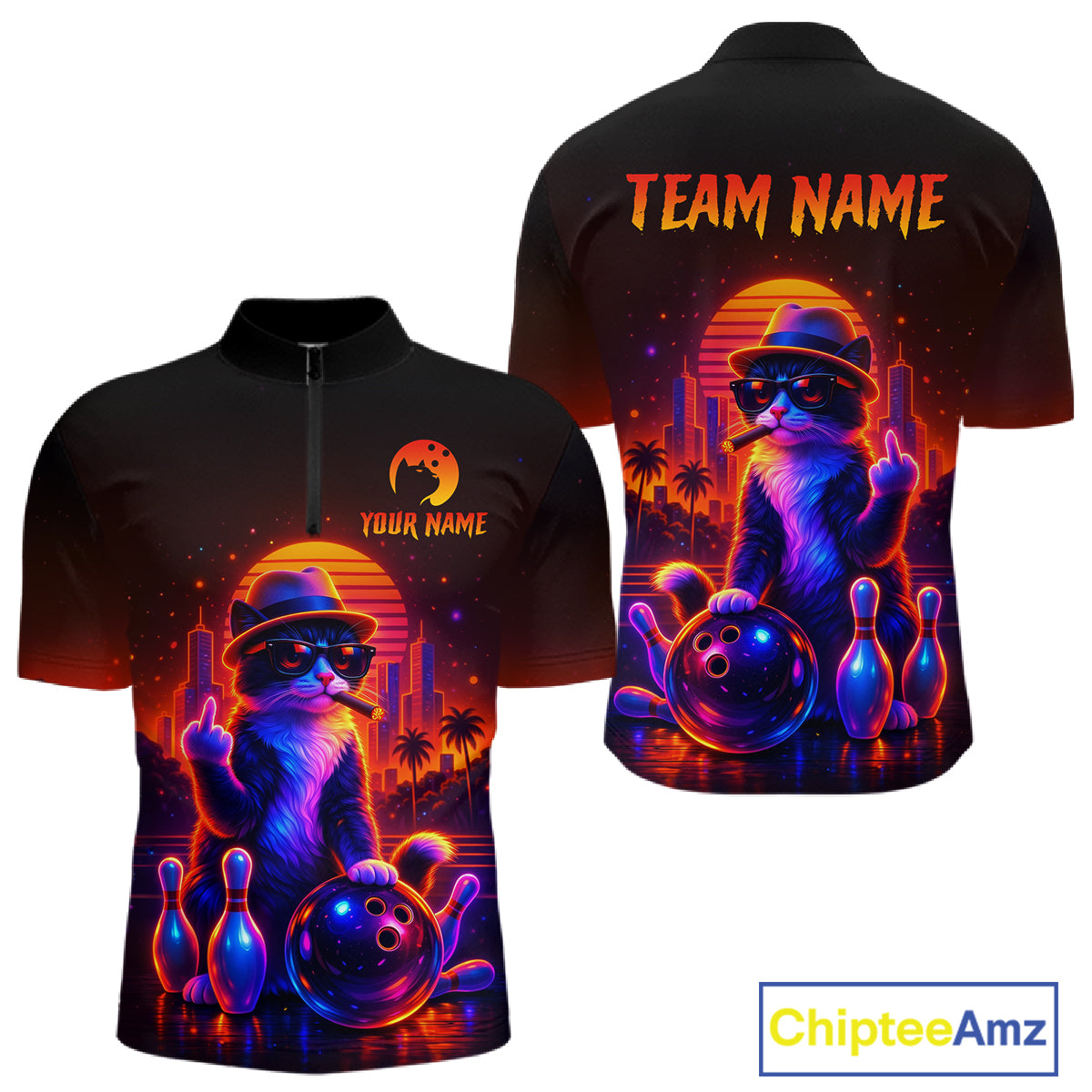 Custom Funny Cat Bowling Jersey for Men Bowling Tournament  Polo & 1/4 Zip Bowling Team Shirts HNT204