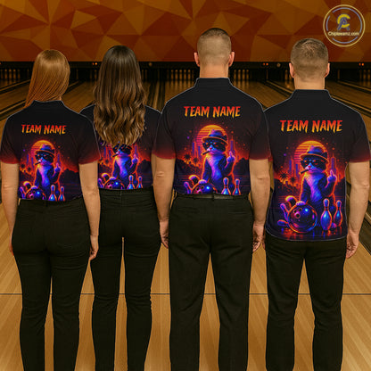 Custom Funny Cat Bowling Jersey for Men Bowling Tournament  Polo & 1/4 Zip Bowling Team Shirts HNT204