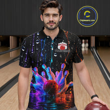 Load image into Gallery viewer, Man wearing a colorful bowling-themed shirt in a bowling alley.