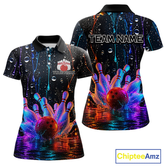 Bowling-themed polo shirt with colorful design and 'Chiptee Amz' branding.