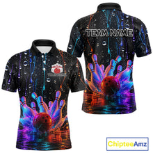 Load image into Gallery viewer, Bowling-themed polo shirt with colorful design and customizable text on a black background