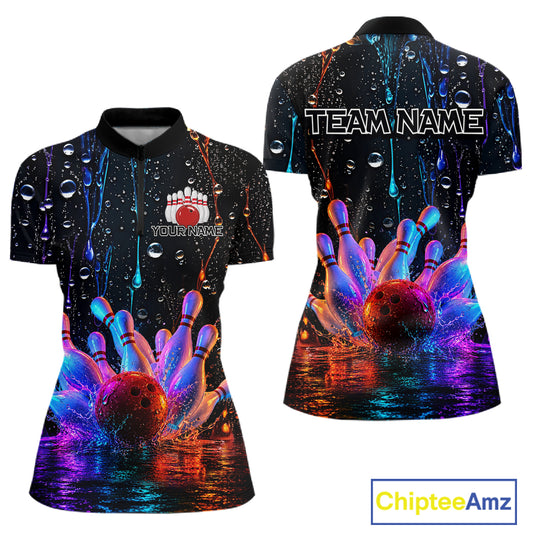 Bowling-themed quarter zip shirt with colorful design and 'Team Name' text, featuring Chiptee Amz branding.