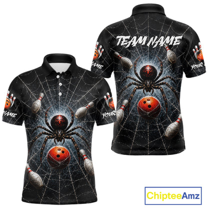 Front and back views of a black short-sleeve polo shirt featuring a 3D spider and bowling ball graphic on a web background, with customizable text placeholders 'TEAM NAME' and 'YOUR NAME' on the chest and sleeves.