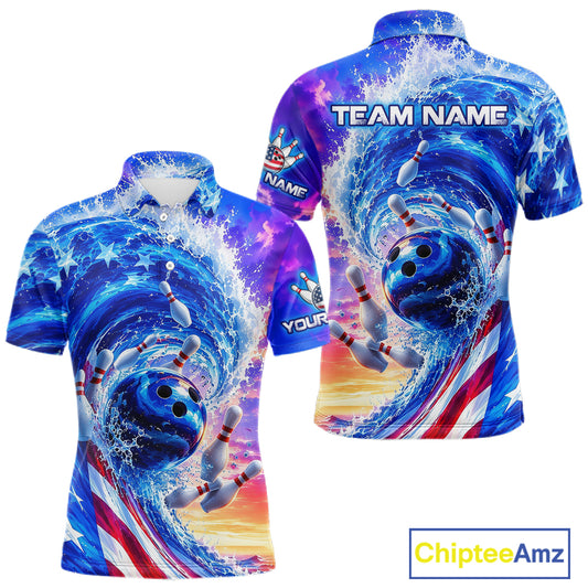 Custom American Wave Patriotic Bowling Jersey for Men Unisex Bowling Team Shirts Polo & 1/4 Zip HNT343